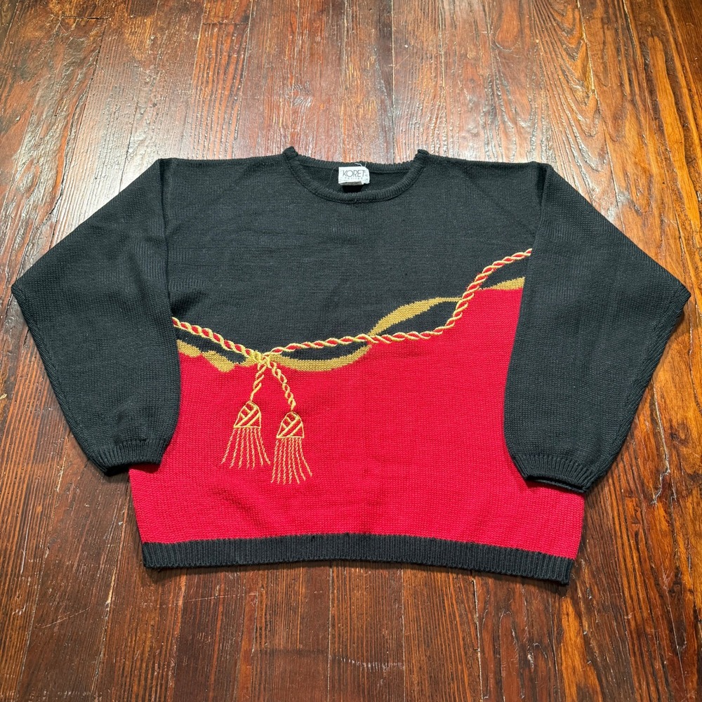 Vintage 90s Koret Petites Sweater Womens L Black Red Gold Tassel Rope Colorblock